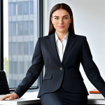 A professional businesswoman in a modest business suit, sitting at a desk in a modern office, fully clothed, appropriate attire, safe for work, perfect anatomy, natural proportions, professional photography, high quality.