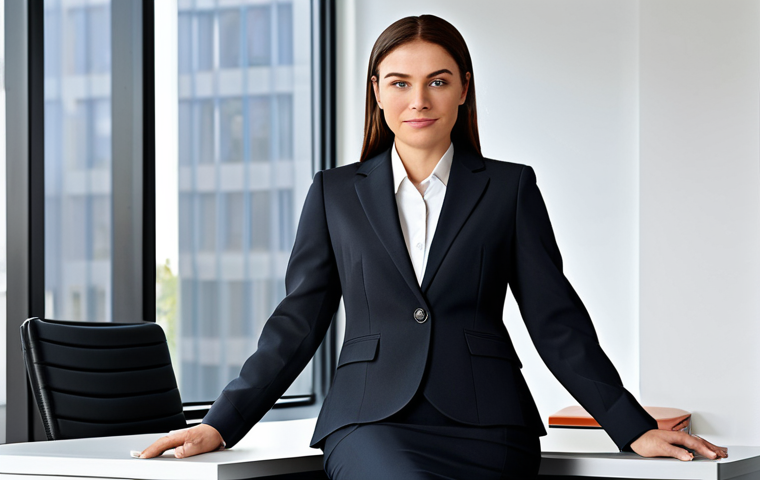 A professional businesswoman in a modest business suit, sitting at a desk in a modern office, fully clothed, appropriate attire, safe for work, perfect anatomy, natural proportions, professional photography, high quality.