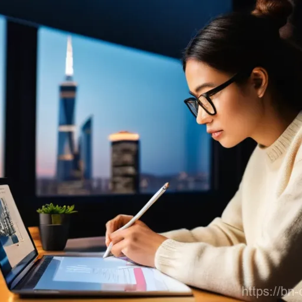 디자인 공모전 전략 - **Prompt 1: Strategic Designer's Reflection**
"A young, determined female designer in her late 2...