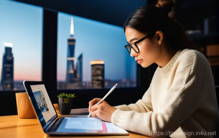 디자인 공모전 전략 - **Prompt 1: Strategic Designer's Reflection**
"A young, determined female designer in her late 2...