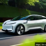 자동차 디자인 역사 - A sleek modern electric car exterior designed with lightweight aluminum and recyclable bio-based mat...