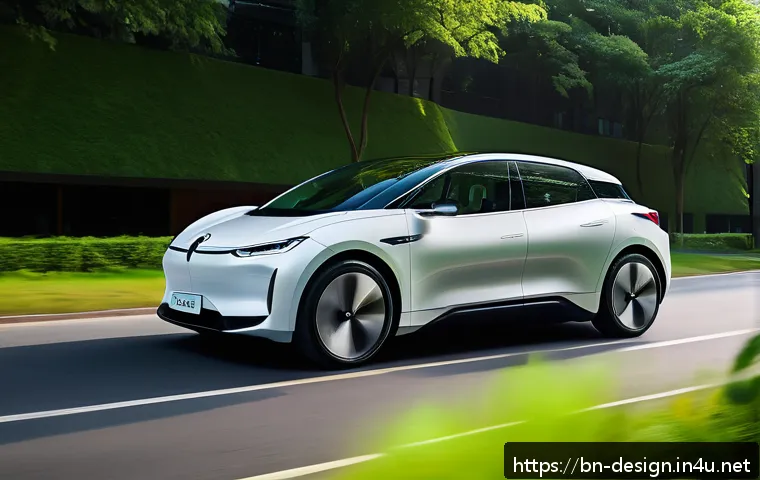 자동차 디자인 역사 - A sleek modern electric car exterior designed with lightweight aluminum and recyclable bio-based mat...